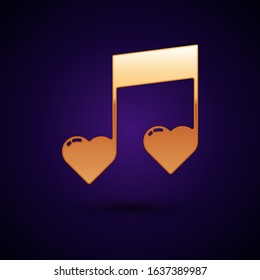 Gold Music note, tone with hearts icon isolated on dark blue background. Valentines day.  Vector Illustration