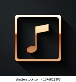 Gold Music note, tone icon isolated on black background. Long shadow style. Vector Illustration