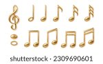 Gold music notes collection isolated. Vector 3d realistic icon collection