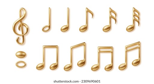 Gold music notes collection isolated. Vector 3d realistic icon collection