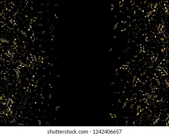 Gold music notes flying over black background vector illustration.