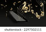 Gold Music notes and mobile phone, on a black background. Vector.