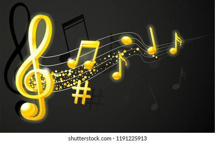 Gold music notes on black background. Music