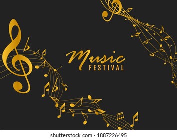 Gold music notes on black background
