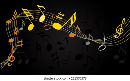 Gold music notes on a solide black background