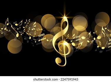 Gold music notes and shadow.Abstract musical background. Vector illustration.Mensural musical notation.Black notes symbols.Note value.Music staff.
