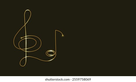 Gold music notes. Treble clef. Heart shape. Music of Love. Line art. Gold isolated on black background. Continuous line drawing. vector illustration. Abstract. Copy space. Musical theme. Music key. 
