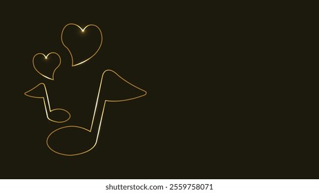 Gold music notes. Treble clef. Heart shape. Music of Love. Line art. Gold isolated on black background. Continuous line drawing. vector illustration. Abstract. Copy space. Musical theme. Music key. 
