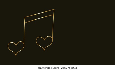 Gold music notes. Treble clef. Heart shape. Music of Love. Line art. Gold isolated on black background. Continuous line drawing. vector illustration. Abstract. Copy space. Musical theme. Music key. 
