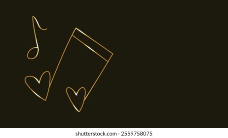 Gold music notes. Treble clef. Heart shape. Music of Love. Line art. Gold isolated on black background. Continuous line drawing. vector illustration. Abstract. Copy space. Musical theme. Music key. 
