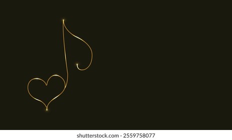 Gold music notes. Treble clef. Heart shape. Music of Love. Line art. Gold isolated on black background. Continuous line drawing. vector illustration. Abstract. Copy space. Musical theme. Music key. 
