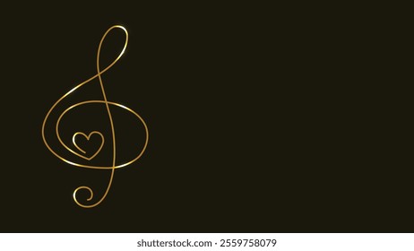 Gold music notes. Treble clef. Heart shape. Music of Love. Line art. Gold isolated on black background. Continuous line drawing. vector illustration. Abstract. Copy space. Musical theme. Music key. 
