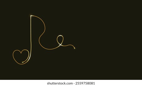 Gold music notes. Treble clef. Heart shape. Music of Love. Line art. Gold isolated on black background. Continuous line drawing. vector illustration. Abstract. Copy space. Musical theme. Music key. 
