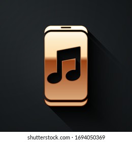 Gold Music player icon isolated on black background. Portable music device. Long shadow style. Vector Illustration