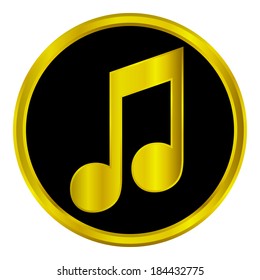 Gold music sign button on white background.