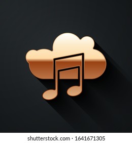 Gold Music streaming service icon isolated on black background. Sound cloud computing, online media streaming, song, audio wave. Long shadow style. Vector Illustration