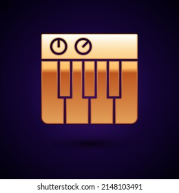 Gold Music synthesizer icon isolated on black background. Electronic piano.  Vector