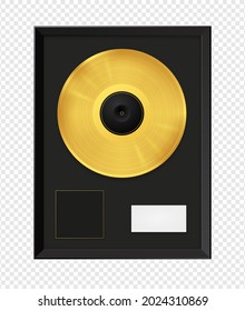 Gold music vinyl record in black frame. Vector image on transparent background