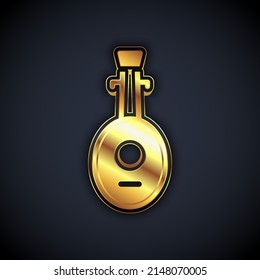 Gold Musical instrument lute icon isolated on black background. Arabic, Oriental, Greek music instrument. Vector