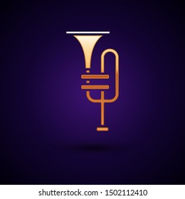 Gold Musical instrument trumpet icon isolated on dark blue background.  Vector Illustration