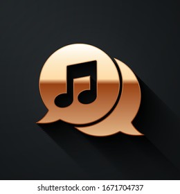 Gold Musical note in speech bubble icon isolated on black background. Music and sound concept. Long shadow style. Vector Illustration