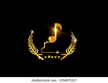 Gold Musical Note Trophy Isolated On Black. Music Award Concept, Gold Vector Best Music Awards Winner And Golden Tone Icon