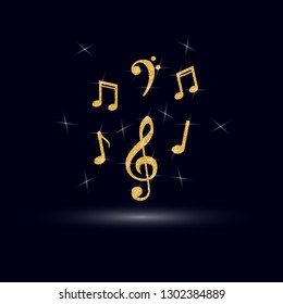 Gold musical notes on the dark background. Vector illustration with golden glitter effect. 