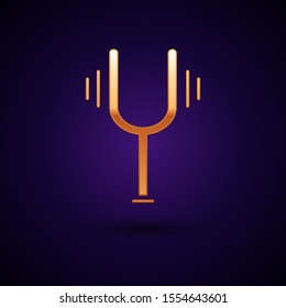 Gold Musical tuning fork for tuning musical instruments icon isolated on dark blue background.  Vector Illustration