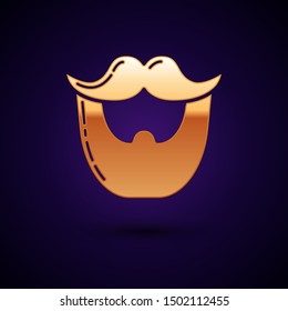 Gold Mustache and beard icon isolated on dark blue background. Barbershop symbol. Facial hair style.  Vector Illustration