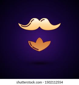 Gold Mustache and beard icon isolated on dark blue background. Barbershop symbol. Facial hair style.  Vector Illustration