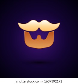 Gold Mustache and beard icon isolated on dark blue background. Barbershop symbol. Facial hair style.  Vector Illustration