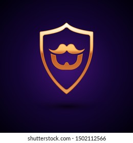 Gold Mustache and beard on shield icon isolated on dark blue background. Barbershop symbol. Facial hair style.  Vector Illustration