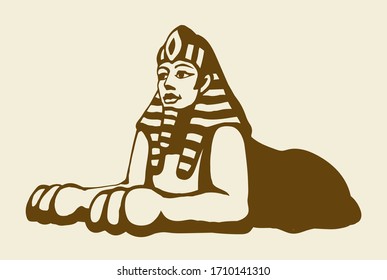 Gold mystic carve idol lion man mask face on white desert sand necropolis text space. Line black hand drawn myth rock god king logo pictogram emblem design in retro artist doodle engrave cartoon style
