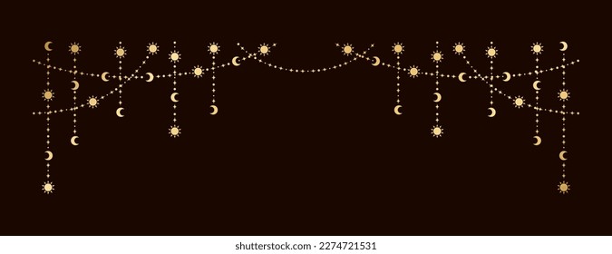 Gold mystic celestial hanging garland with sun, stars, moon phases, crescents. Ornate bohemian magical curtain decorative element