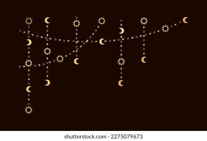 Gold mystic celestial hanging garland with sun, stars, moon phases, crescents. Ornate bohemian magical curtain decorative element