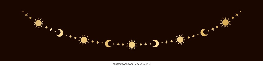 Gold mystic celestial hanging garland with sun, stars, moon phases, crescents. Ornate bohemian magical curtain decorative element