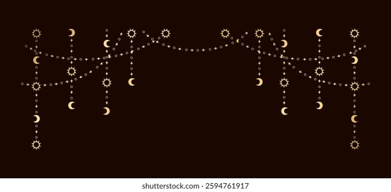 Gold mystic celestial hanging garland with sun, stars, moon phases, crescents. Ornate bohemian magical curtain decorative element