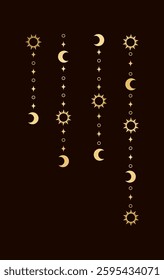 Gold mystic celestial hanging garland frame corner with sun, stars, moon phases, crescents. Ornate bohemian magical curtain decorative element