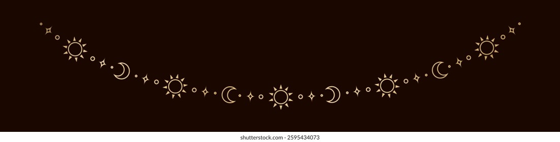 Gold mystic celestial hanging garland with sun, stars, moon phases, crescents. Ornate bohemian magical curtain decorative element