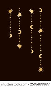 Gold mystic celestial hanging garland frame corner with sun, stars, moon phases, crescents. Ornate bohemian magical curtain decorative element
