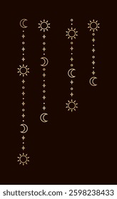 Gold mystic celestial hanging garland frame corner with sun, stars, moon phases, crescents. Ornate bohemian magical curtain decorative element