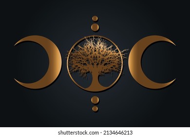Gold Mystical Moon, tree of life Wicca sign. Sacred geometry. Golden luxury Logo, Crescent moon, half moon pagan Wiccan triple goddess symbol, energy circle, vector isolated on black background svg