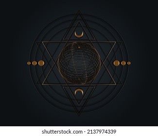 Gold Mystical Sacred Geometry Symbol.  Alchemy Magic Wireframe Sphere, Occult, Philosophical Sign. For Music Album Cover, Sacramental Design. Astrology, Religion Concept. Vector Isolated On Black