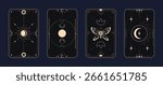 Gold mystical tarot card frames on dark background - celestial designs with sun, moon phases, butterfly and stars. Elegant esoteric borders with sacred geometry for divination or spiritual oracle card