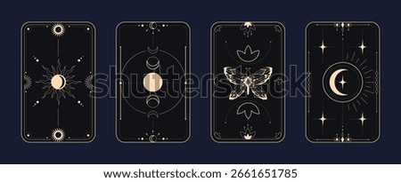 Gold mystical tarot card frames on dark background - celestial designs with sun, moon phases, butterfly and stars. Elegant esoteric borders with sacred geometry for divination or spiritual oracle card