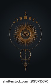 Gold Mystical third eye, phases of the moon on black background. Sacred Masonic All Seeing eye, Boho style and esoteric ethnic magic astrological symbols. Golden sign vector illustration isolated 