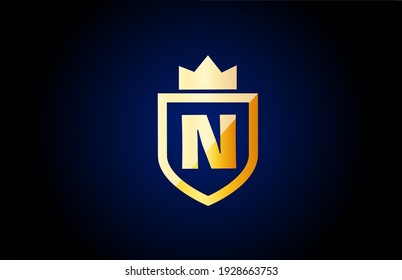gold N alphabet letter logo icon. Design for company and business identity with shield and king crown