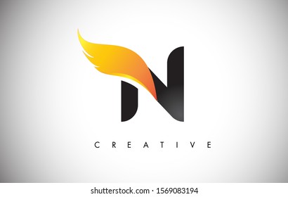 Gold N Letter Wings Logo Design Icon. Flying Wing Letter Logo with Creative Golden Wing Concept.