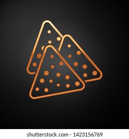 Gold Nachos icon isolated on black background. Tortilla chips or nachos tortillas. Traditional mexican fast food. Vector Illustration