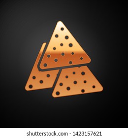 Gold Nachos icon isolated on black background. Tortilla chips or nachos tortillas. Traditional mexican fast food. Vector Illustration